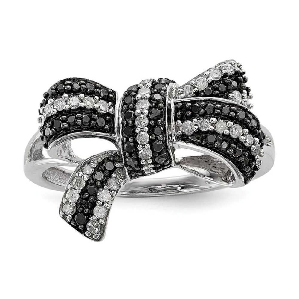 1/3 Ctw Black & White Diamond Bow Ring in Sterling Silver Size 6